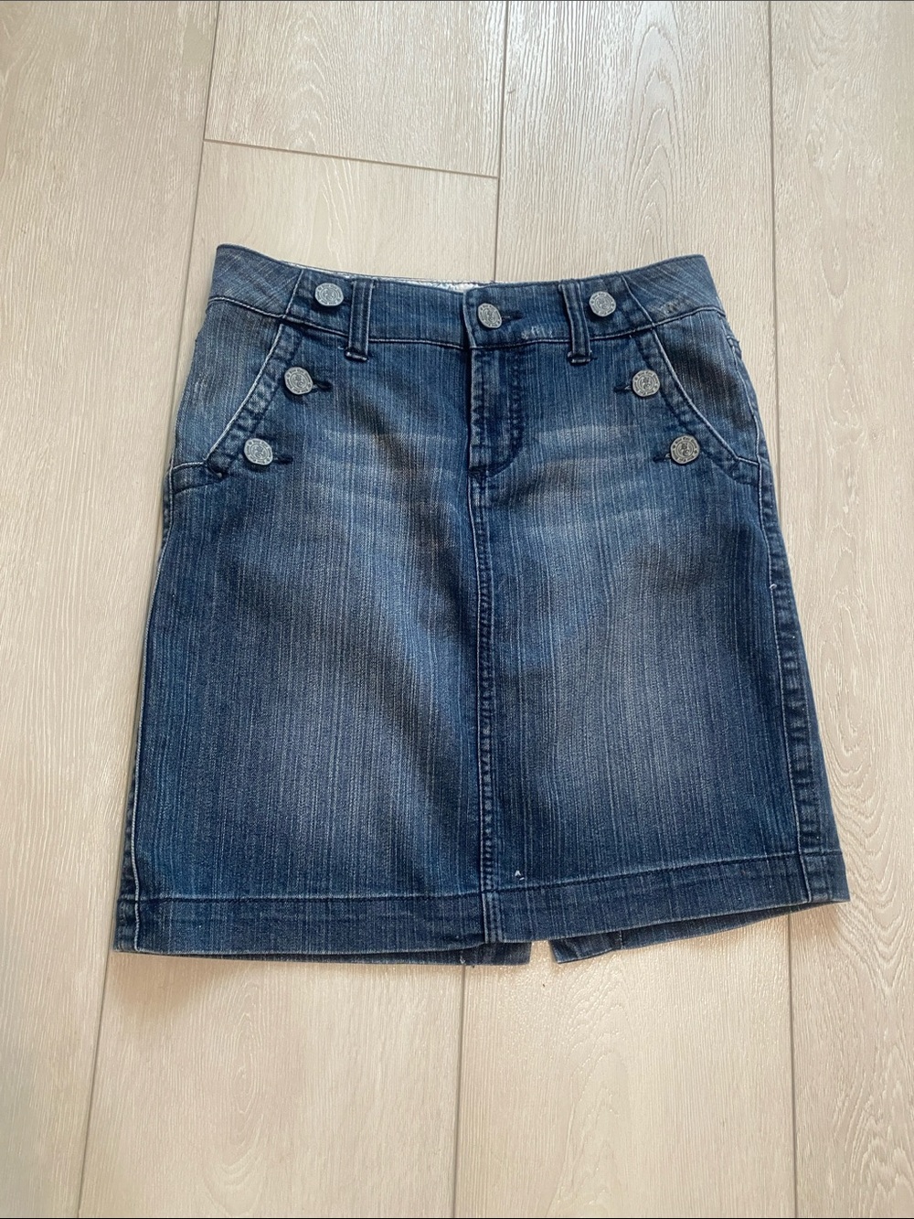 Dark Blue Denim Mini Skirt with Button Accents